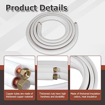 16 FT Air Conditioning Copper Hose Hose Extension, 3/8 and 5/8 Inch Thickened Insulation Cotton Fit for Mini Split Air Conditioner with Nuts