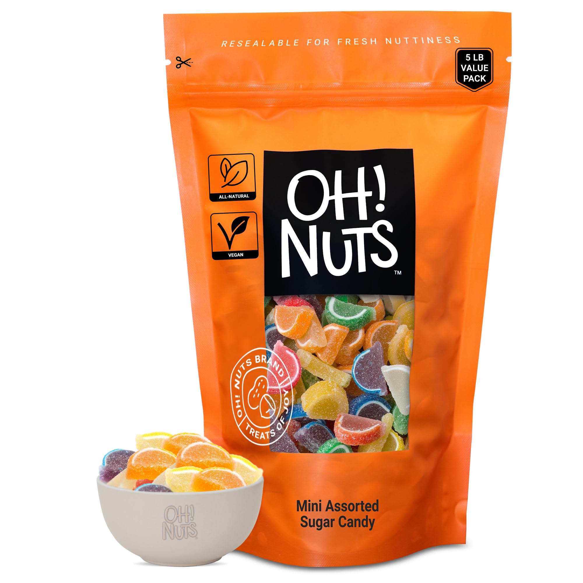 Oh! Nuts Jelly Fruit Slices Mini Assorted Sugar Candy - 5lb Bulk Bag - Traditional Old Fashioned Chewy Gummy Sweet Confectionery - Vegan, Gluten-Free, Kosher Certified Pareve (600 CT)