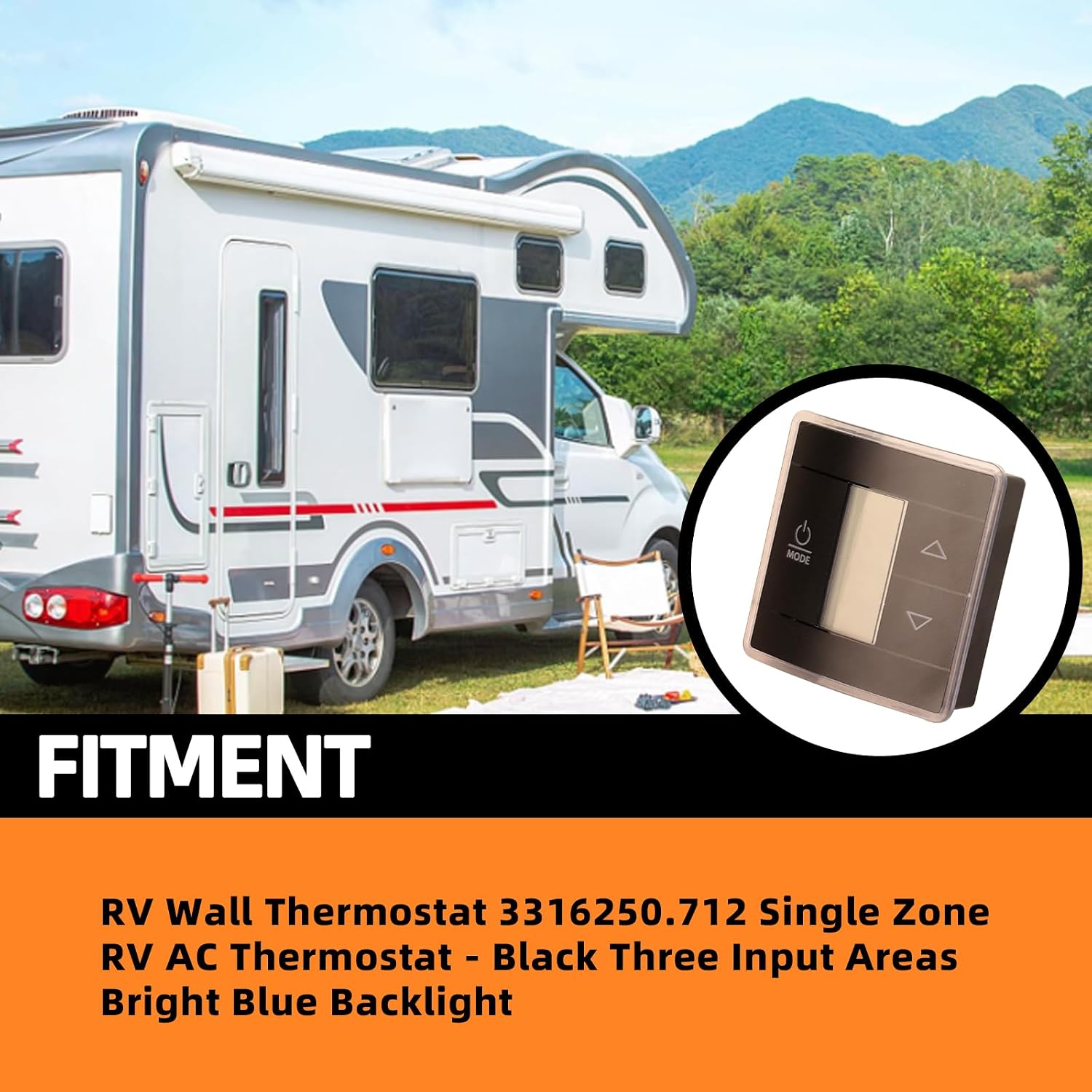 3316250.712 RV Single Zone Wall Thermostat Fit for RV/Camper Conditioners Cool/Heat Three Input Areas Black 3-Wire Blue Backlight