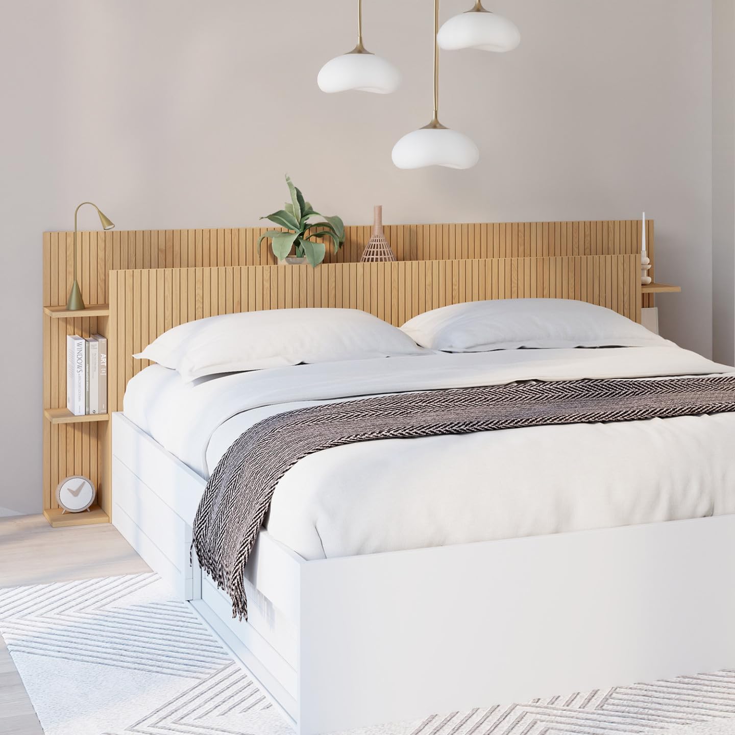 IDMarket - Tête de lit sur Pied Juliette pour lit 140 et 160 cm avec rangements Effet Lattes tasseau Bois