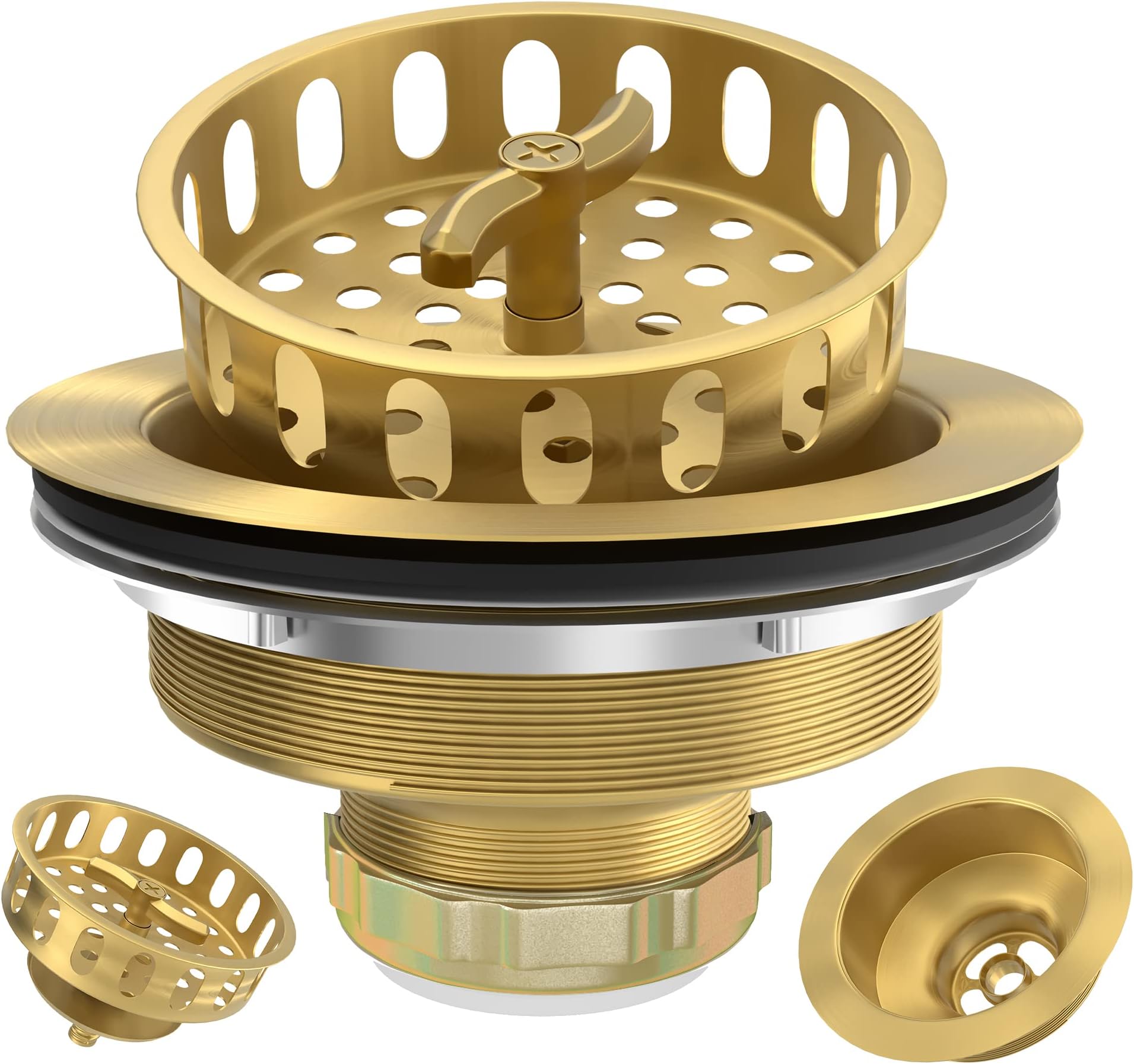 EXAKEY Gold Sink Drain Strainer 3-1/2 Inch Kitchen Sink Drain Assembly Kit with Stainless Steel Strainer Basket and Drain Stopper for Standard Kitchen Sink Brushed Gold