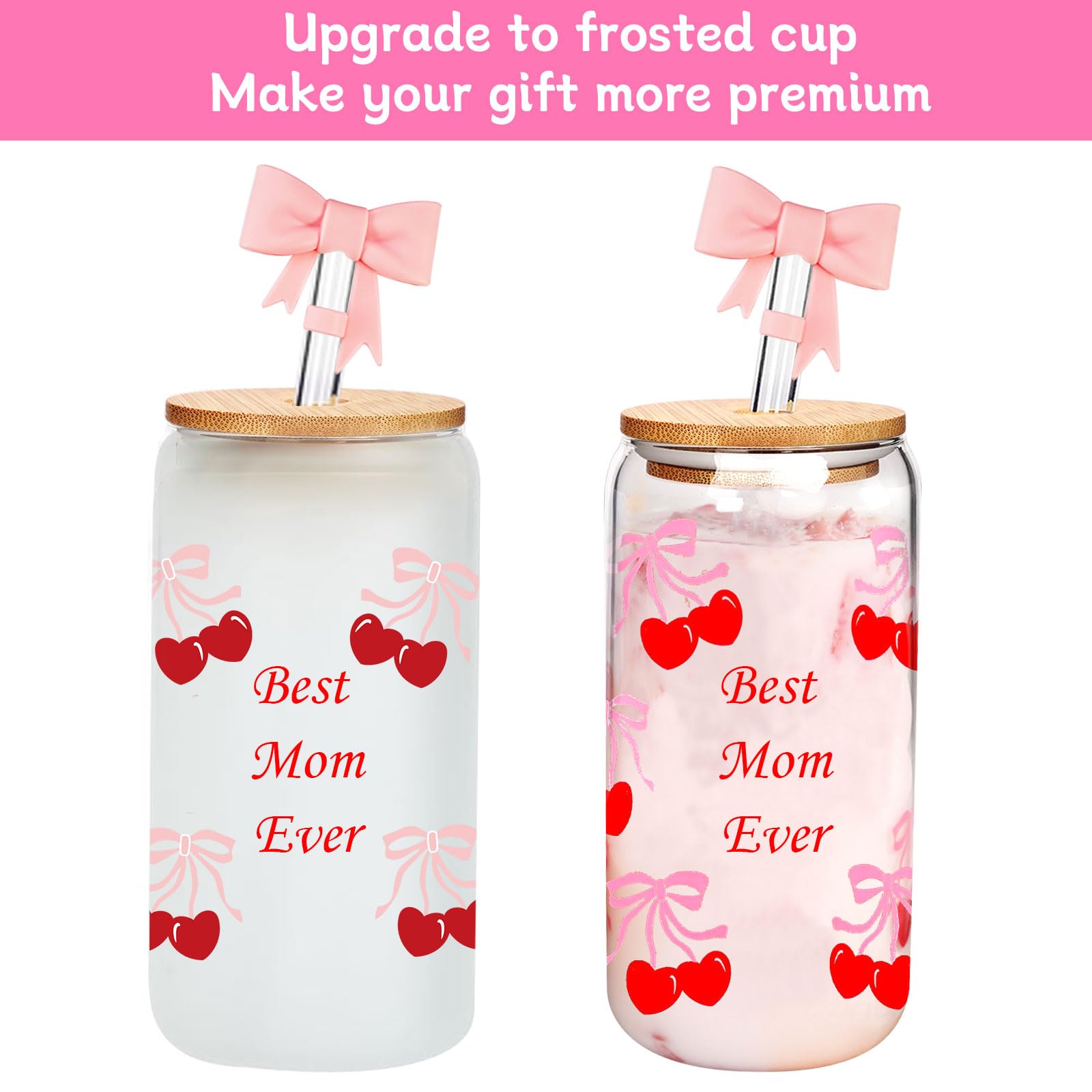 Lot 2 Tasses Café Glacé Verre Cerises - 591ml Avec Couvercles Bambou & Pailles, Cadeau Fille