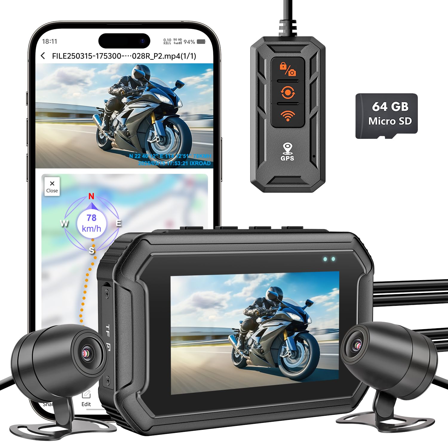 Dash Cam Moto, 1080P WDR Telecamera Anteriore e Posteriore, Dashcam Impermeabile con WiFi, GPS, Modalità Parcheggio, Telecomando Cablato, Schermo da 3", Scheda TF da 64 GB