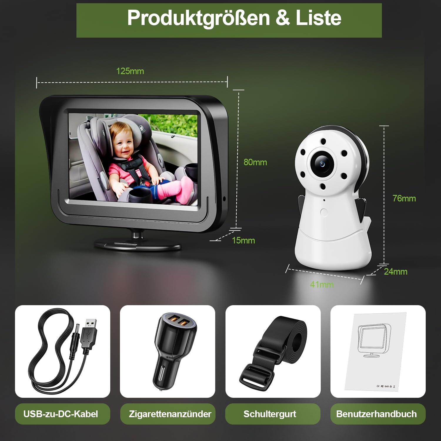 Baby Kamera Auto mit 4.3" Display, Spiegel auto baby rückbank 1080P,Babyautospiege mit HD Nachtsicht und 120°-Betrachtungswinkel,Auto-Babyphone einfache Installation Cigarette Lighter,Schwarz