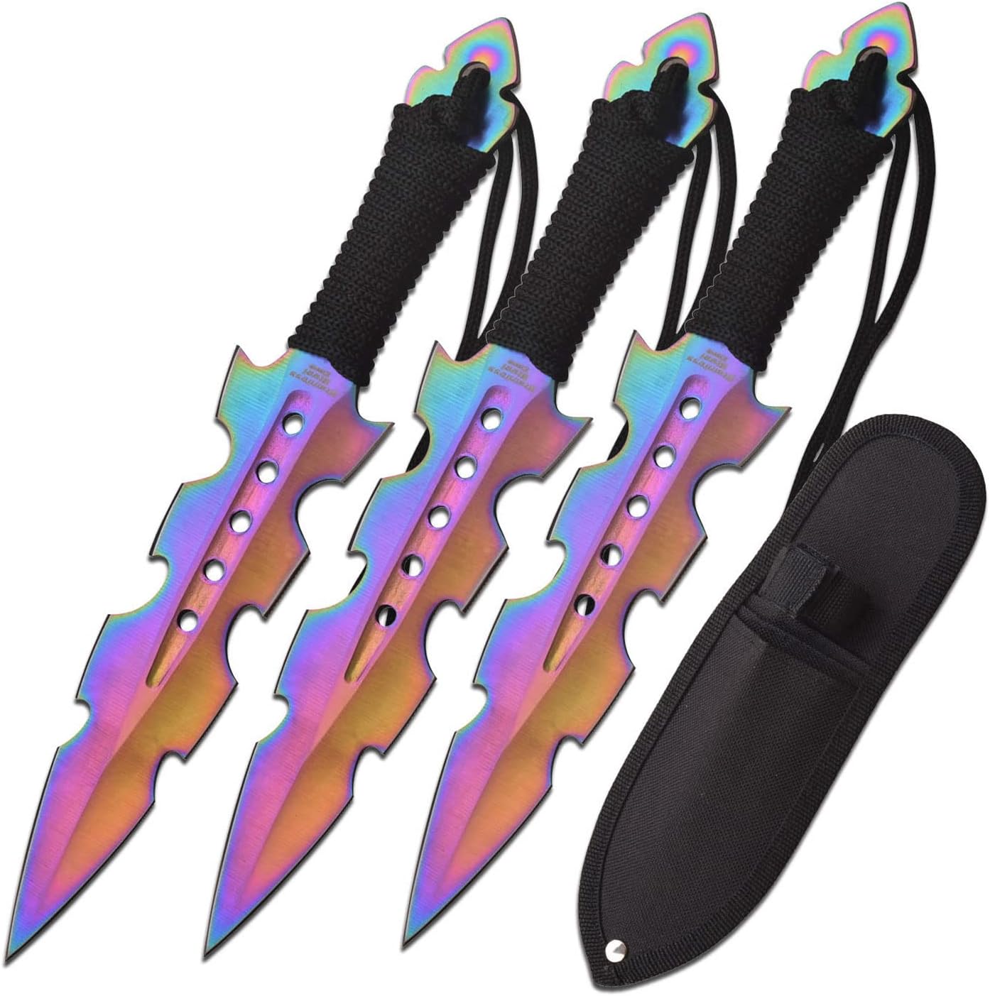 Perfect Point Throwing Knife Set, 3 Throwers, Electroplated Stainless Steel Blades, Cord Wrapped Handles, Nylon Sheath, Well Balanced, Throwing Sport Knives – PP-110-3 Series (Rainbow)