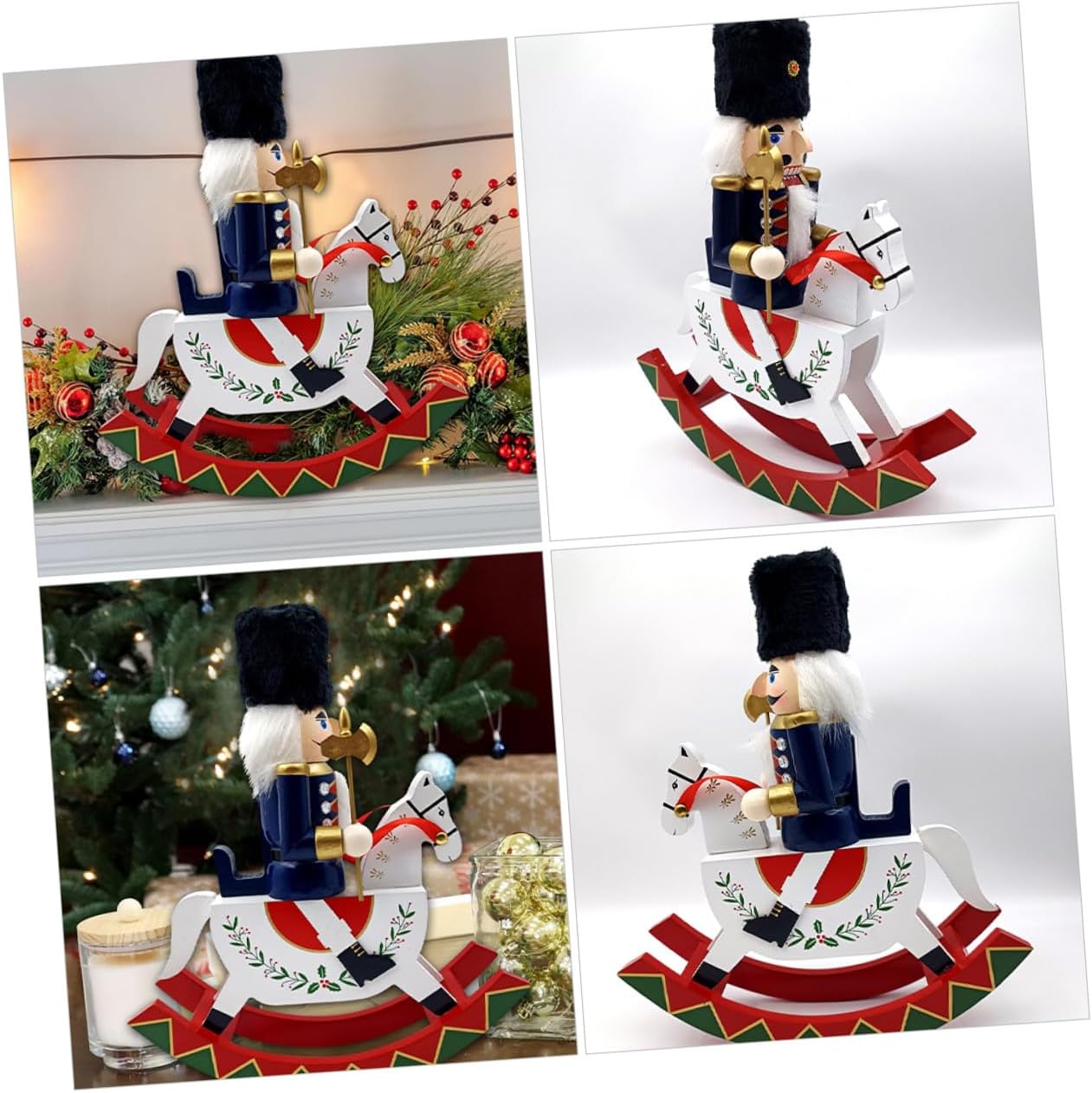 Wooden Christmas Nutcracker Figurine Rocking Horse Tabletop Ornament Hand-Painted Decorative Nutcracker for Holiday
