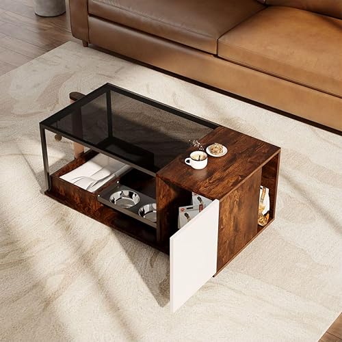 Miniatura 6 de DOICAH Mesa de centro de cristal con poste rascador para gatos,Mesa de centro de madera con almacenamiento,Mesas de centro pequeñas para sala de