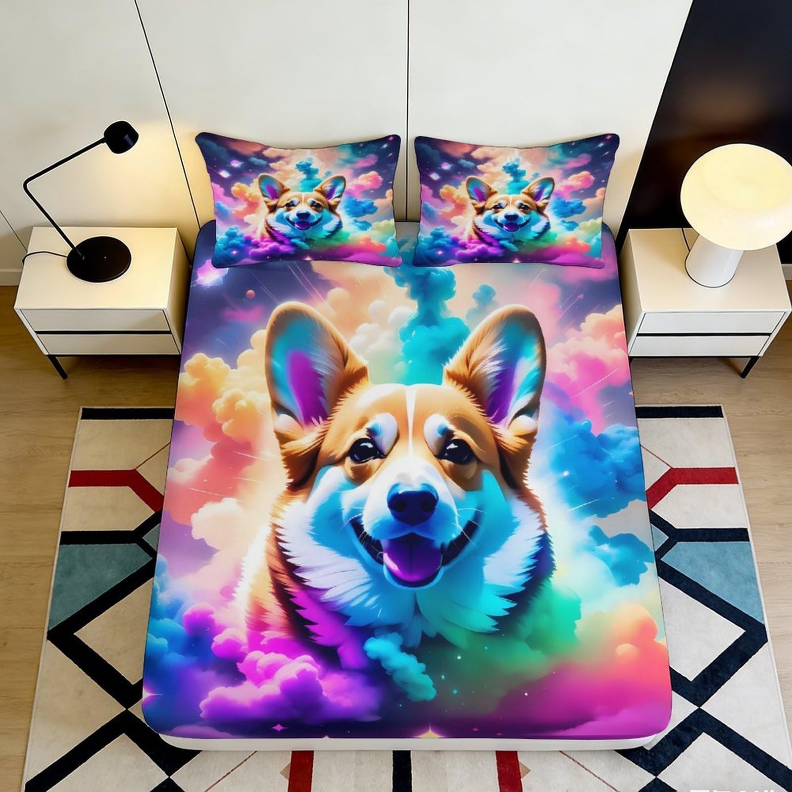 Uynsixtme Style-8 3D Printed Colourful Corgi Fitted Sheet Microfiber Non-Slip Deep Pocket Bedroom Bedding Corgi Mattress Fitted Cover Washable 200X200x25cm