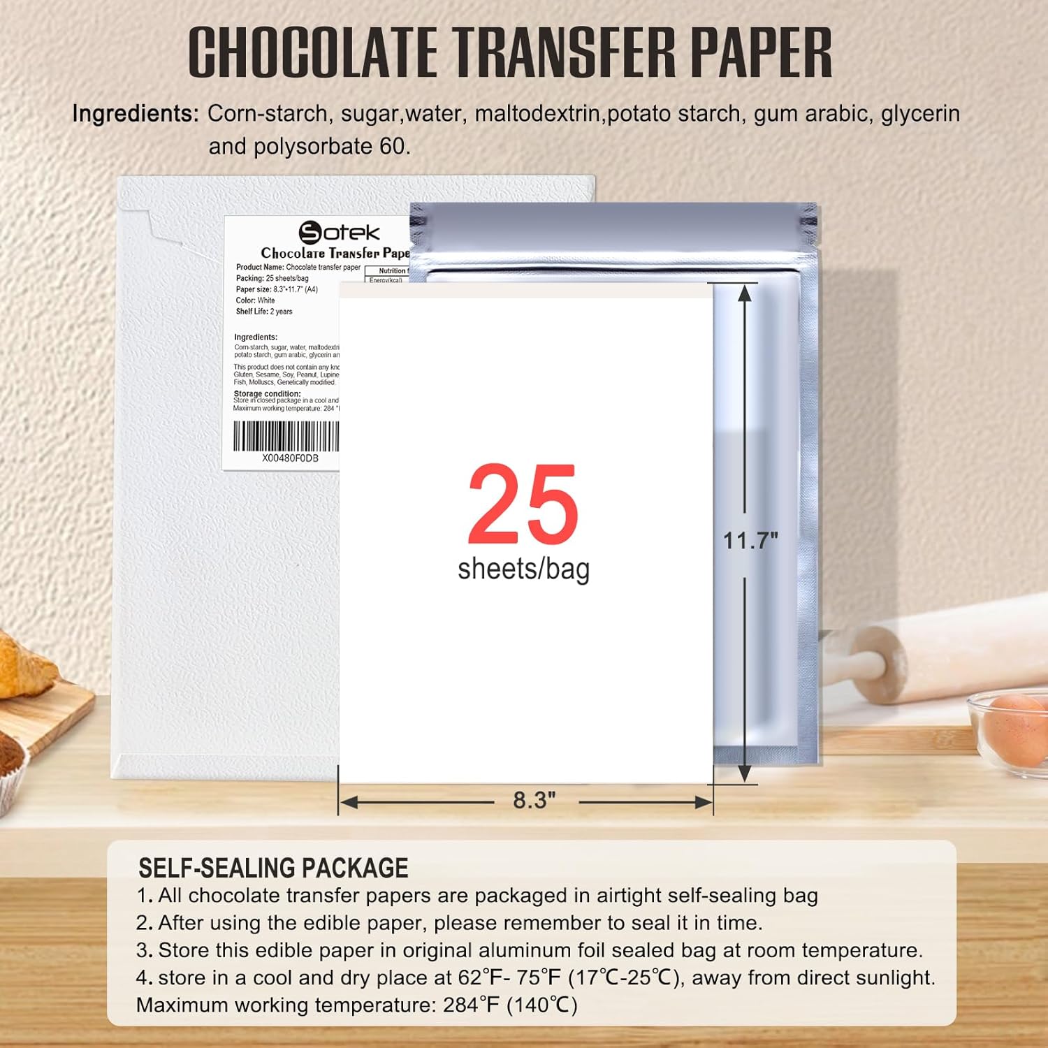 Sotek Blank Chocolate Transfer Sheets 25 pcs A4 (8.3"X11.7"), Edible-transfer-sheets for White Chocolates, Meringue, Isomalt and Sugar, Icing paper for chocolate-decorating, White food printing papers