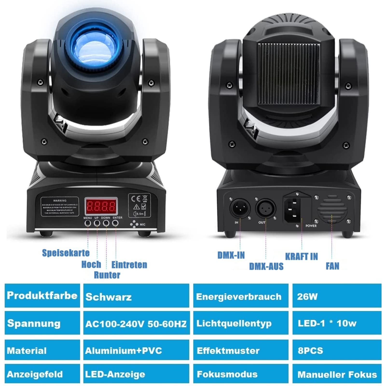 HOLDLAMP Teste Mobili LED Moving Head dmx512 RGBW 30W Luce da Palcoscenico Lampada a Spot Beam 8 Modelli Effetto Luce per DJ, Bar, Halloween, Natale, Matrimonio, Discoteca - Nero