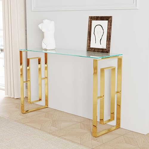 Vista 3 de Mesa consola de cristal, moderna mesa de entrada de 47.2 pulgadas, parte superior de vidrio con base de acero inoxidable, mesa de sofá estrecha
