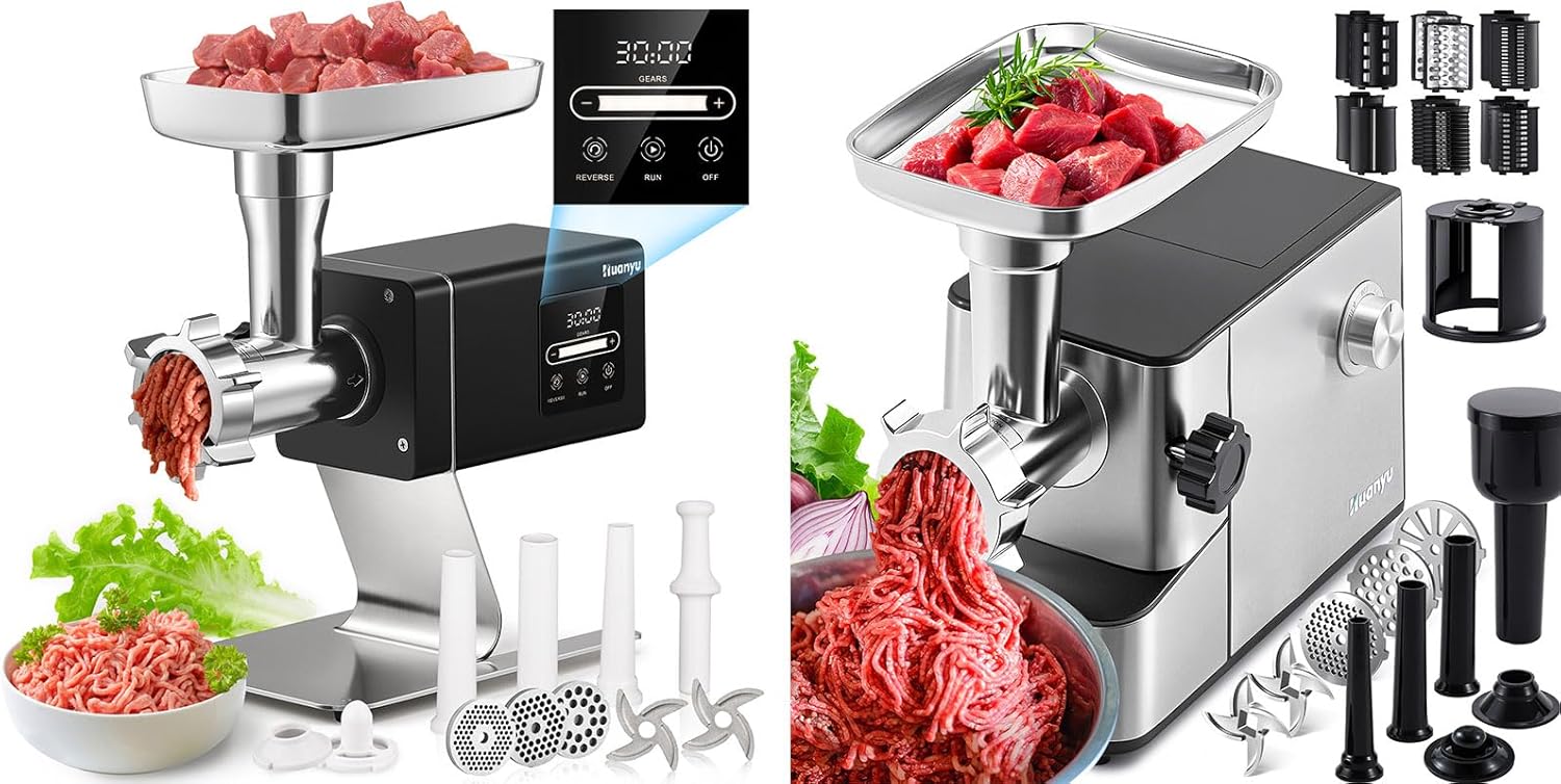 Huanyu Commercial Meat Grinder #12 Variable RPM With Touchscreen Heavy Duty 1.3HP and Huanyu Meat Grinder Veggie Shredder and Ice Shaver 3200W Max Power Built-in Storage Bundle