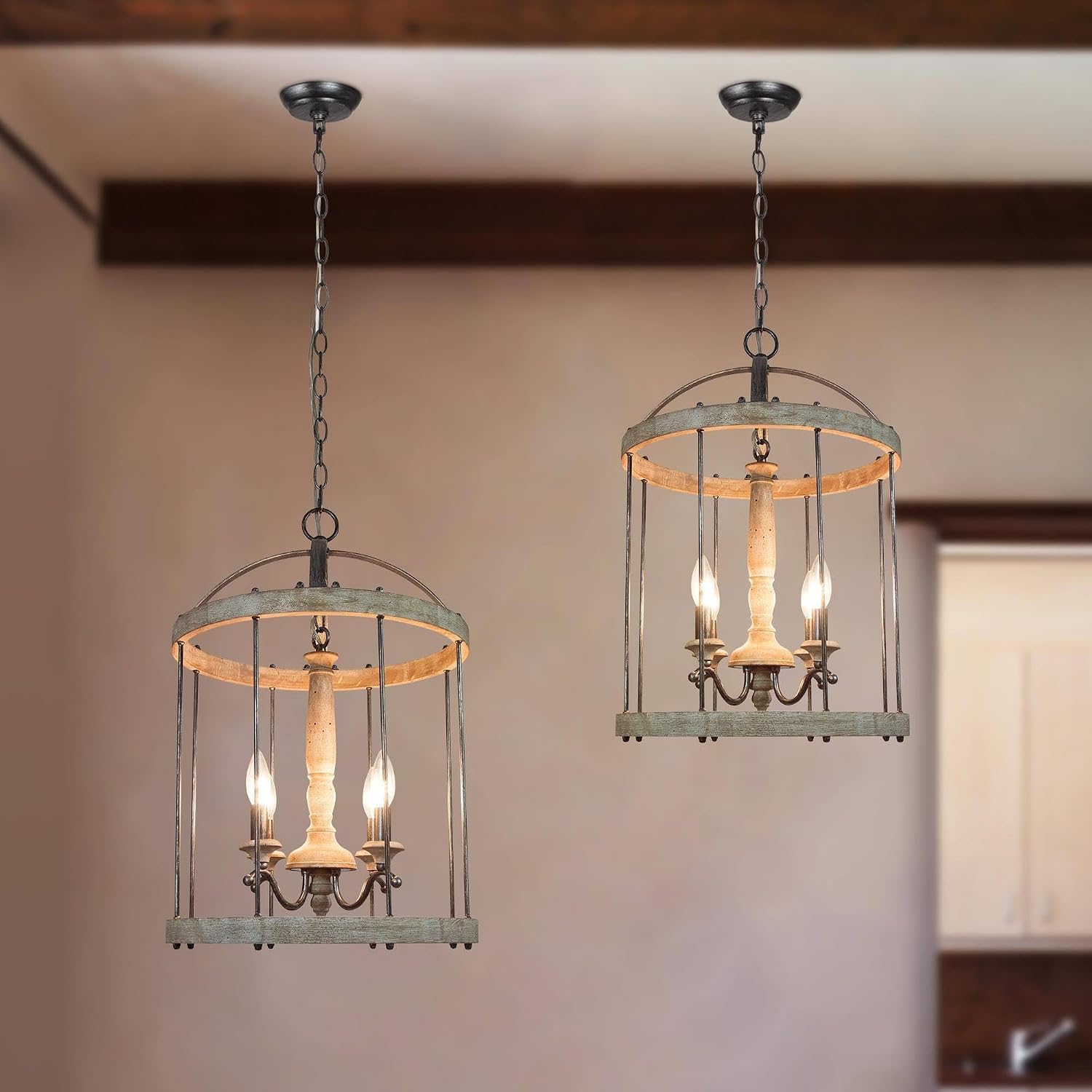 Farmhouse Chandelier for Living Room, Rustic Wood Chandelier Light Fixtures 4 Light Chandeliers Distressed Weathered Wood for Dining Room, Entryway, Foyer, Black Aged Silver Finish