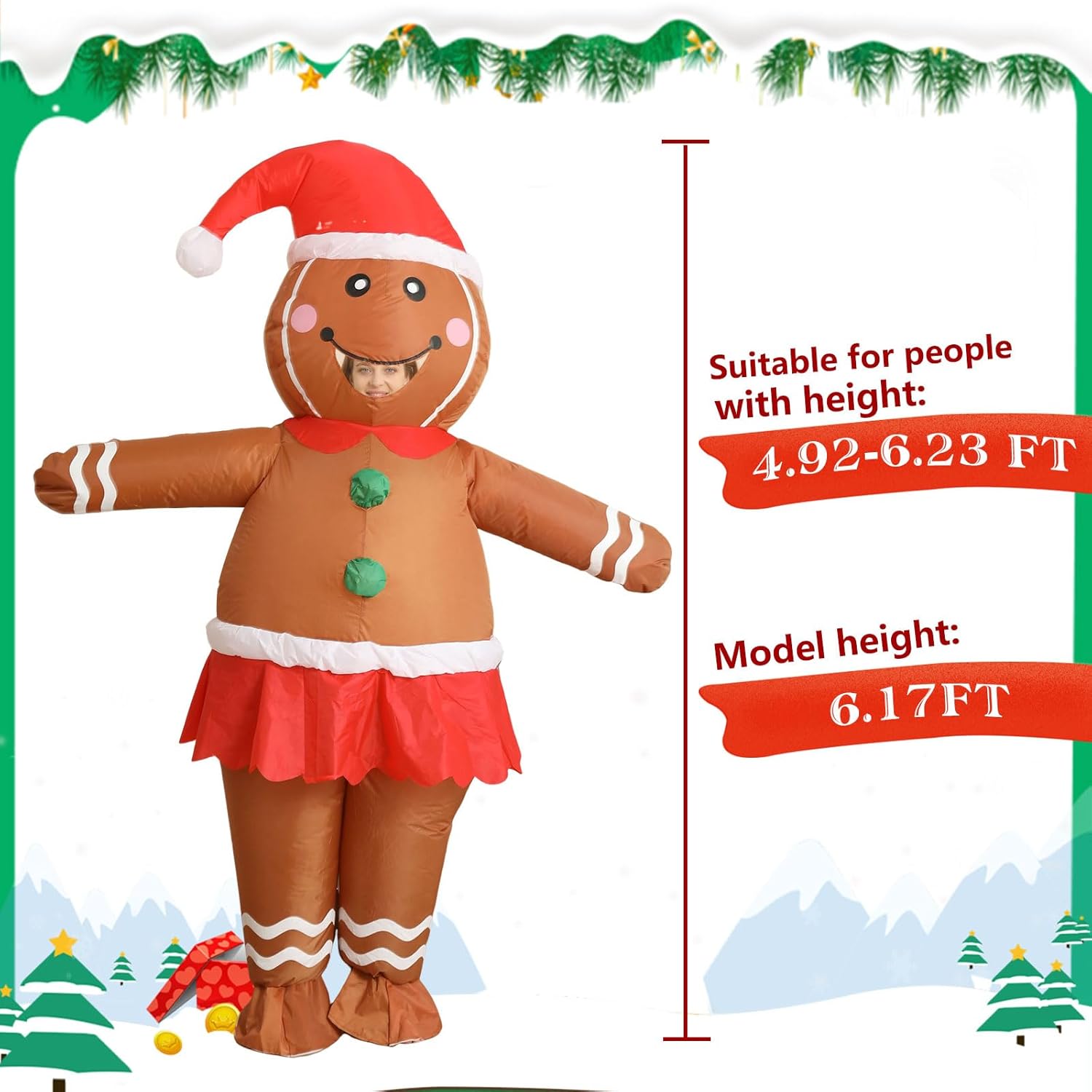 DUOLZ Gingerbread Man Adult Inflatable Christmas Costume, Funny Blow Up Inflatable Xmas Character Cosplay Party Suit