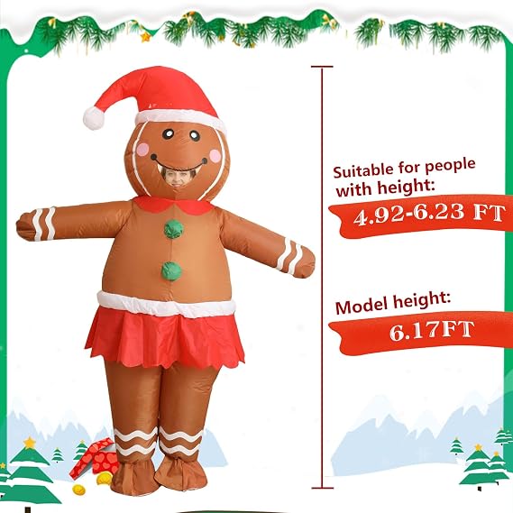 Gingerbread Man Adult Inflatable Christmas Costume, Funny Blow Up Inflatable Xmas Character Cosplay Party Suit