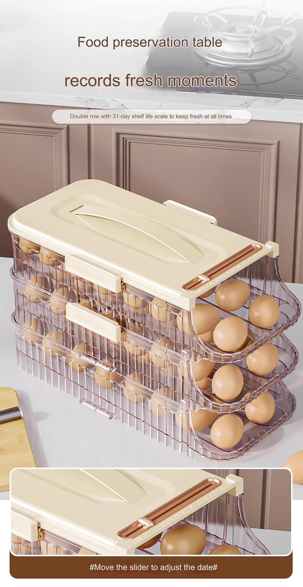 Contenedor y bandeja de plástico transparente for huevos, estante for almacenar huevos de 1, 2 o 3 niveles, dispensador de huevos apilable con tapa resistente(Holder 48 Eggs-32x16.7x19.6cm)