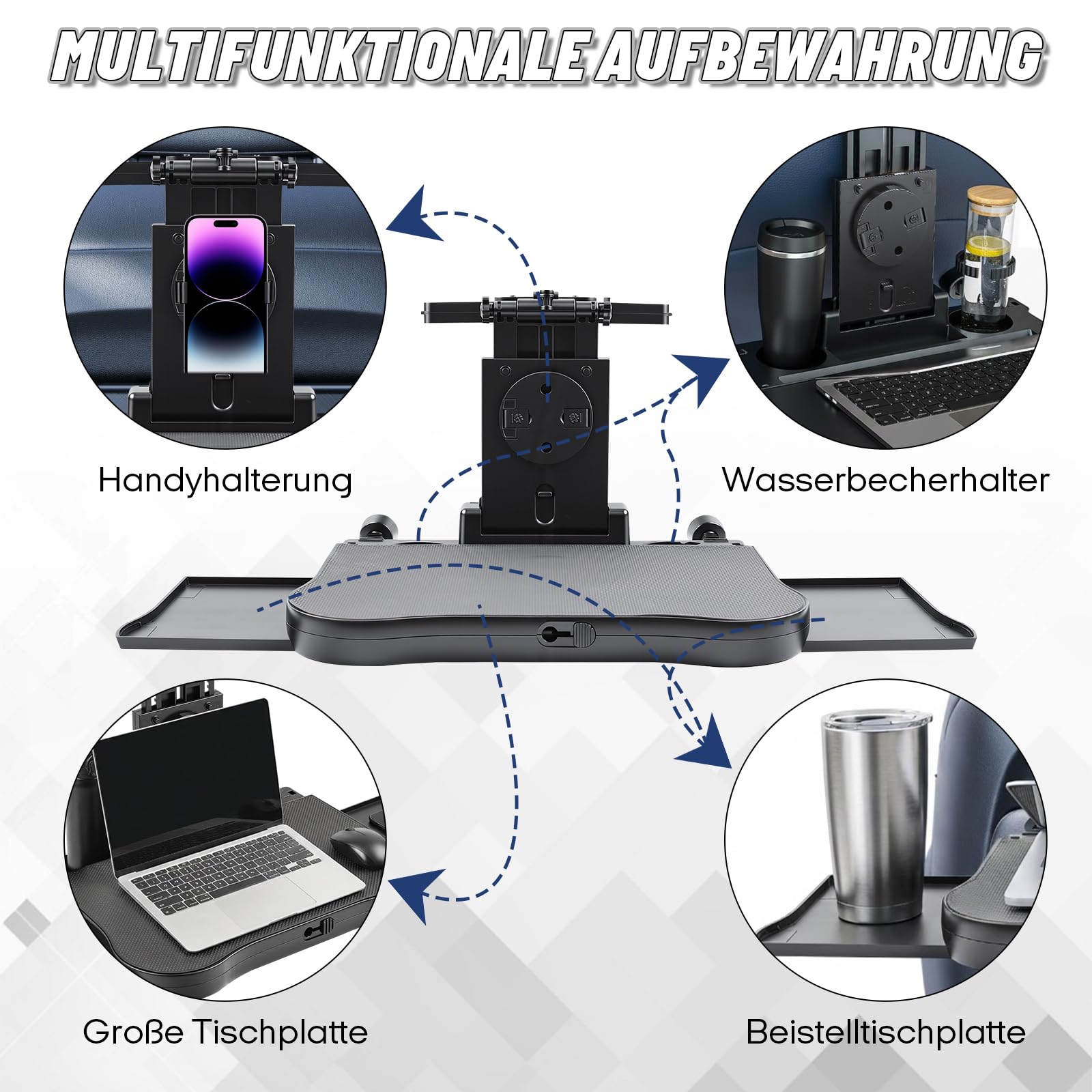 Auto Tisch für Rücksitz Beifahrer, Schreibtisch mit Getränkehalter und Handyhalter, Multifunktional Autositz Tabletttisch, Faltbarer Einstellbar Tisch für Autositz, Belastbarkeit 20kg