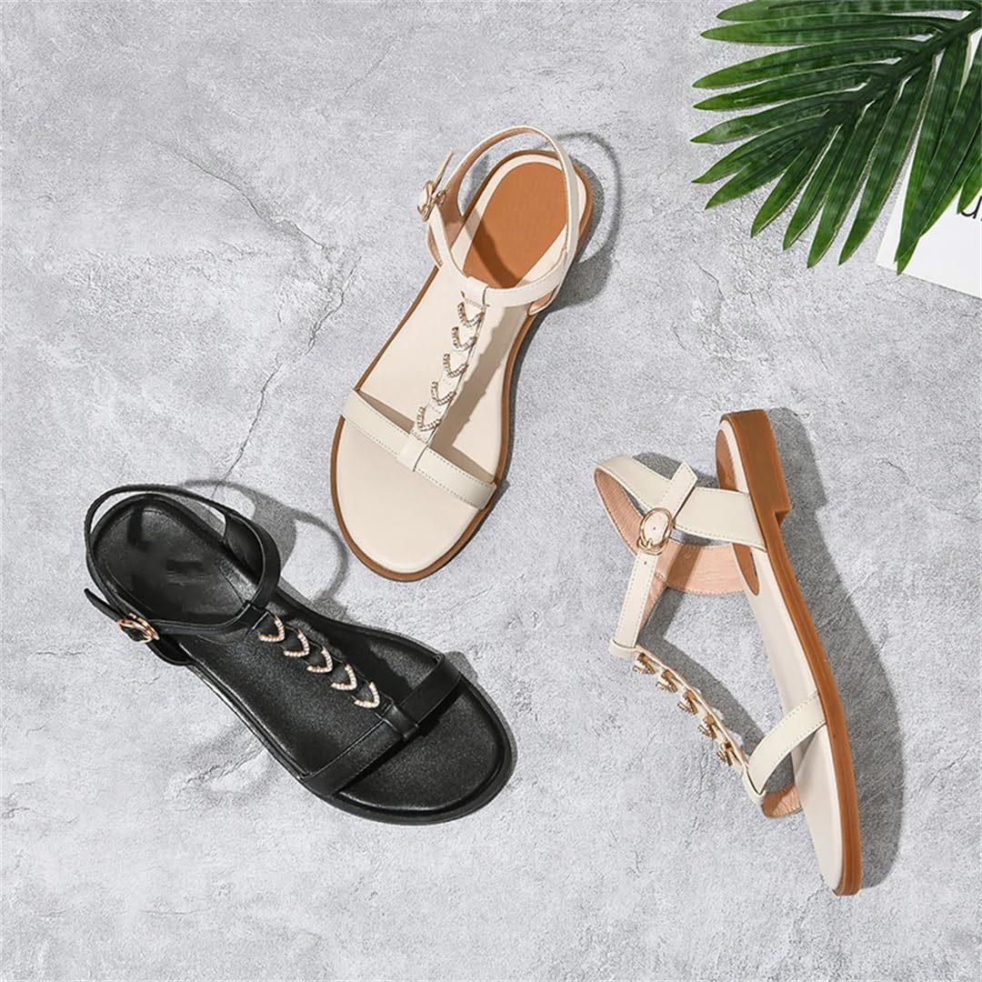 Sandalias redondas de verano para mujer, con correa frontal y trasera, tacón cuadrado, con correa en T, de piel de vaca, con detalles de cristales