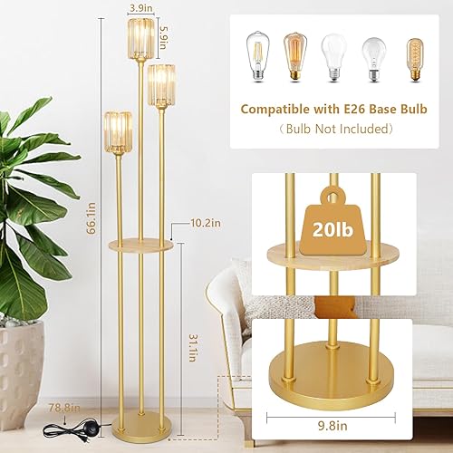 Miniatura 3 de HMVPL Lámpara de pie dorada con estante, lámpara de pie vintage para sala de estar, lámpara de pie retro con mesa, lámpara alta de mediados de siglo
