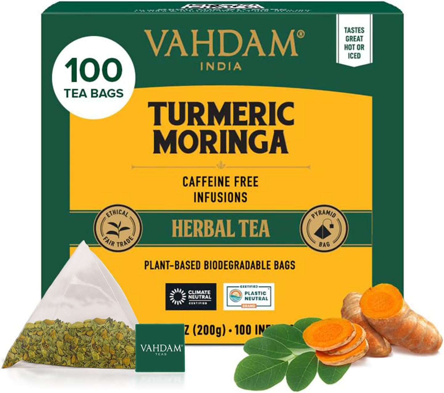 VAHDAM, Turmeric Moringa Herbal Tea Bags (100 Count) Caffeine Free, Non GMO, Gluten Free | 100% Halal Certified | 100% Pure Herbal Blend | Whole Loose-Leaf Tea Bags | Resealable Ziplock Pouch