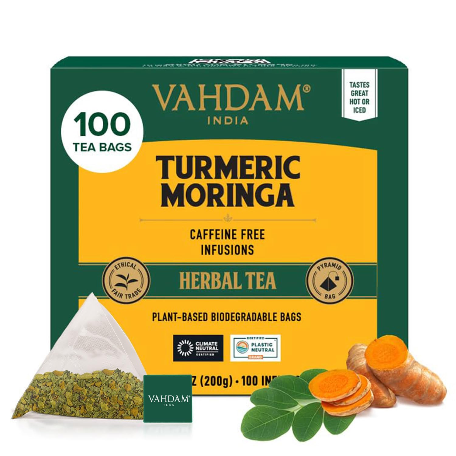 VAHDAM, Turmeric Moringa Tea Bags (100 Herbal Tea Bags) Caffeine Free, Non GMO | 100% Pure Herbal Blend - Sweet & Earthy | Resealable Ziplock Pouch