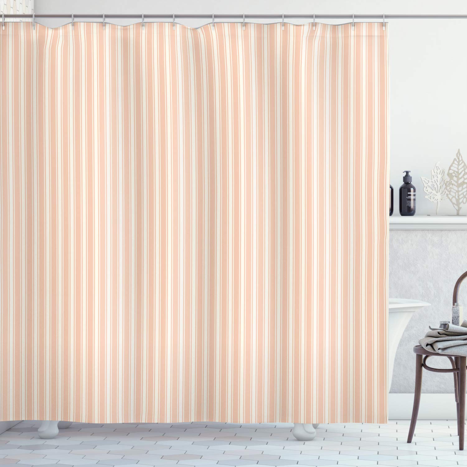 ABAKUHAUS Pink Shower Curtain, Country Life Theme Vintage Old House Romantic with Bold Stripes Artwork, Cloth Fabric Bathroom Decor Set with Hooks, 70 Inches, Pale Salmon and White