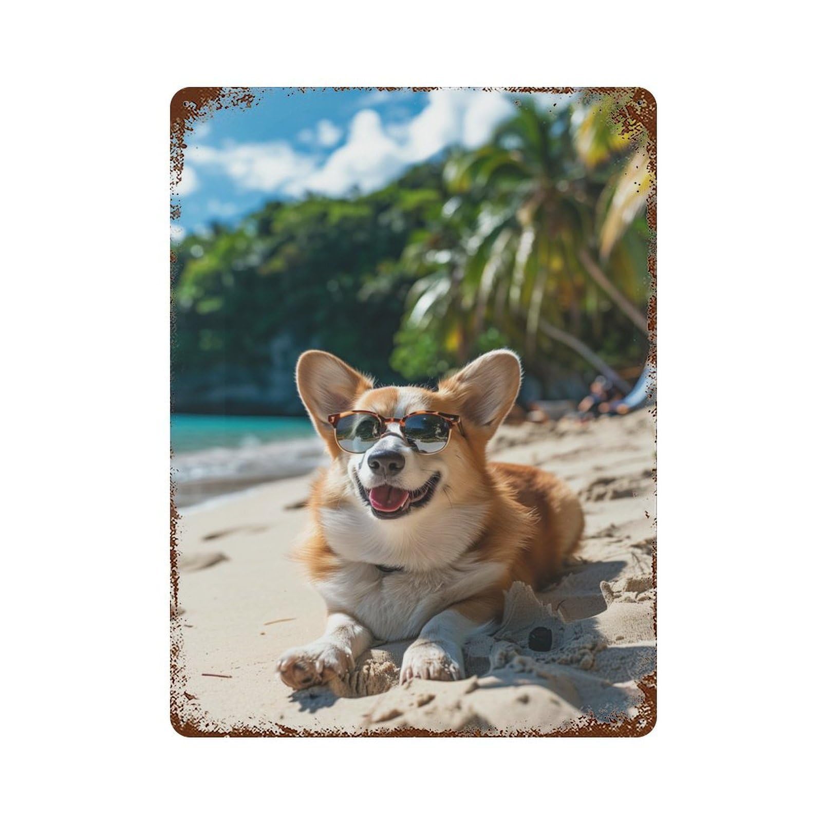 Happy Welsh Corgi Beach 15.7"x11.8" Rusty Metal Tin Sign, Novelty Wall Decor for Cafe, Home Bar And Lounge Decor