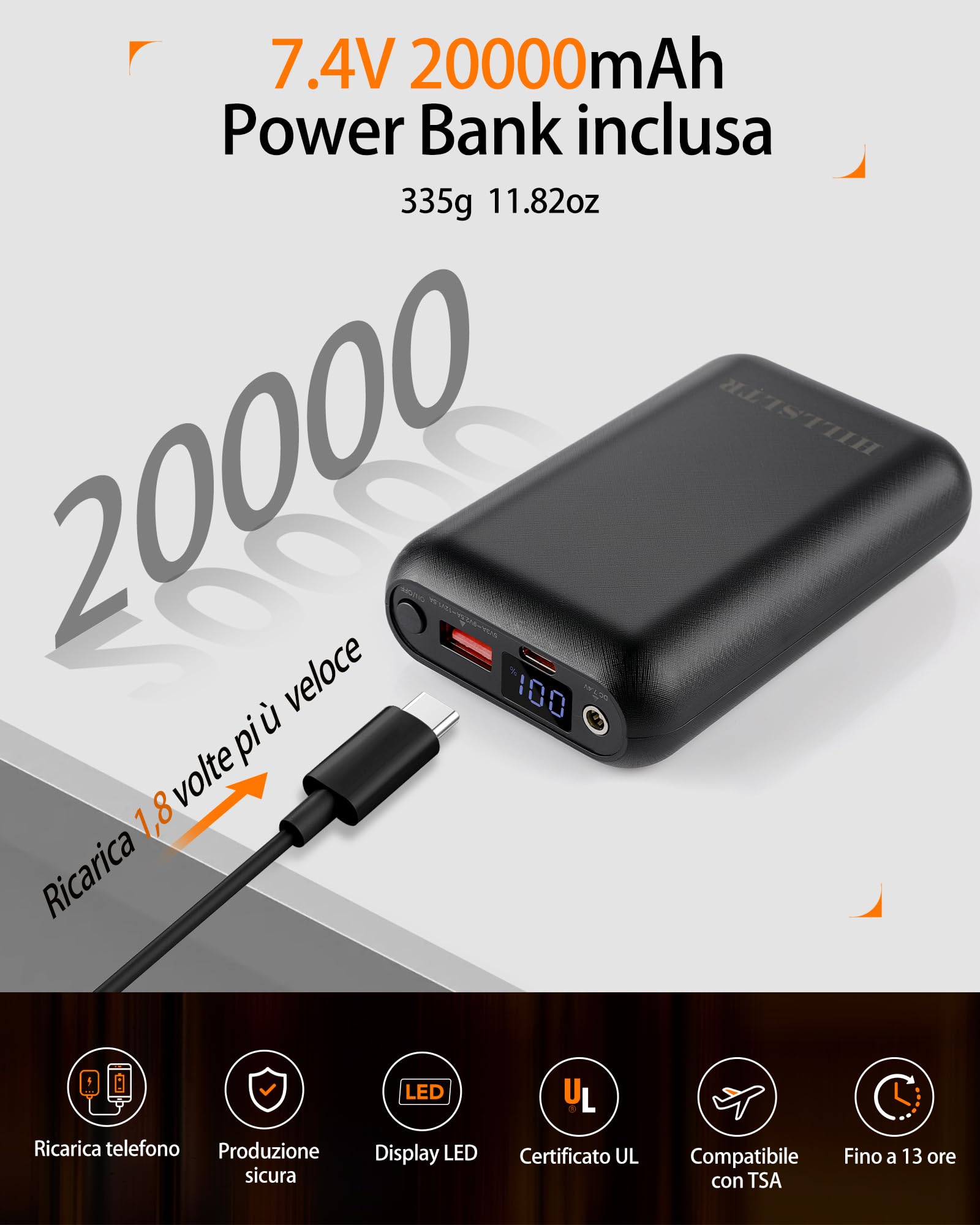 Gilet Riscaldato Uomo con Batteria 20000mAh 7.4V, Giacca Riscaldata con 8 Zone di Riscaldamento e 3 Livelli di Calore, Gilet Riscaldato Elettrico per Attività all'Aperto