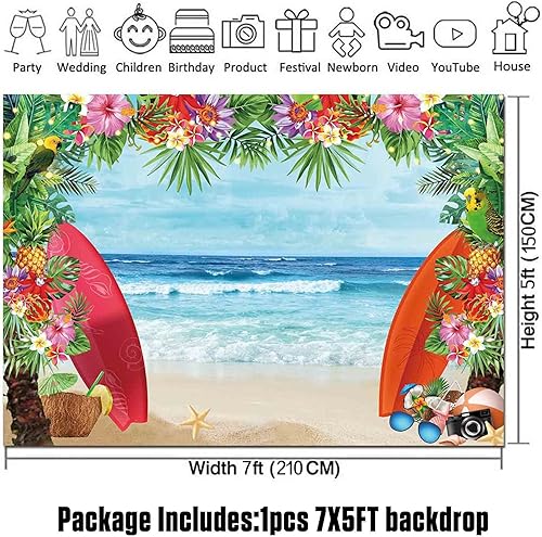 Miniatura 6 de HQM Tela de verano de 7 x 5 pies, fondo de fotos de playa tropical, concha, Hawaii, flor de mar azul, niños, cumpleaños, Luau, fiesta, fotografía,