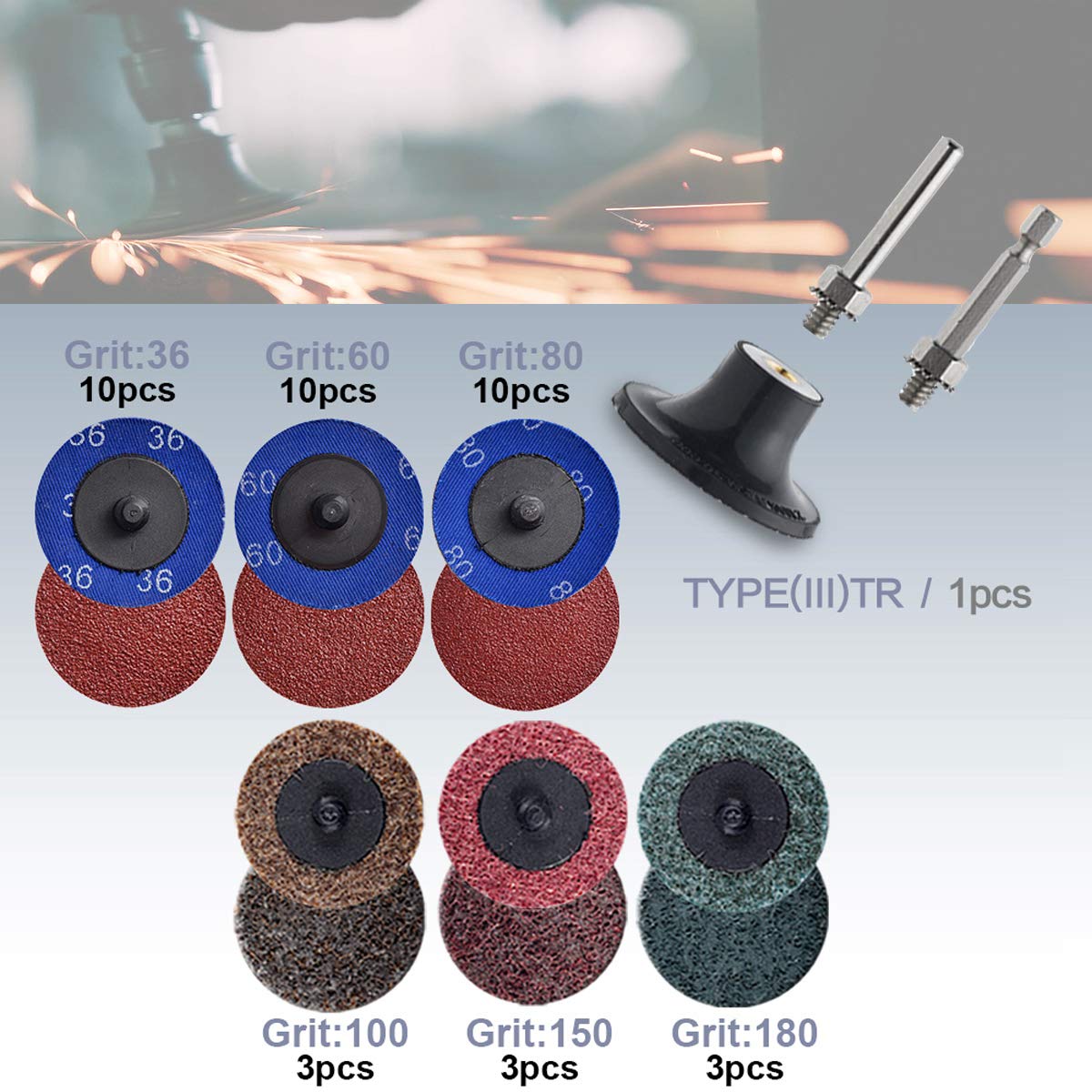 2 inch Roll Lock Flap and Sanding Discs with 1/4" Holder Die Grinder Attachments T27 Zirconia Flat/AO/Nylon 36/60/80 Grit Grinding Wheels for Surface Prep