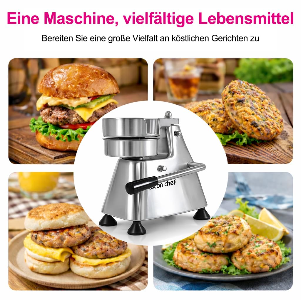 Burgerpresse Edelstahl 3 Umwandelbaren Formen 100/130/150mm, Manueller Burger Patty Presse mit 1200 Patty-Papieren