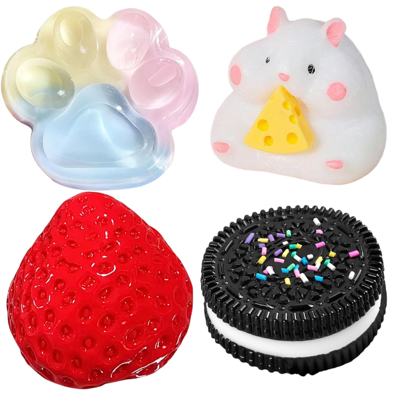 GWAWG 4Pcs Taba Squishy Set,Cat Paw + Hamster+ Strawberry, Fufu Squishy Squeeze Toy Squishes Kit for Stress Relief Sensory Play Fidget Gifts for Adults