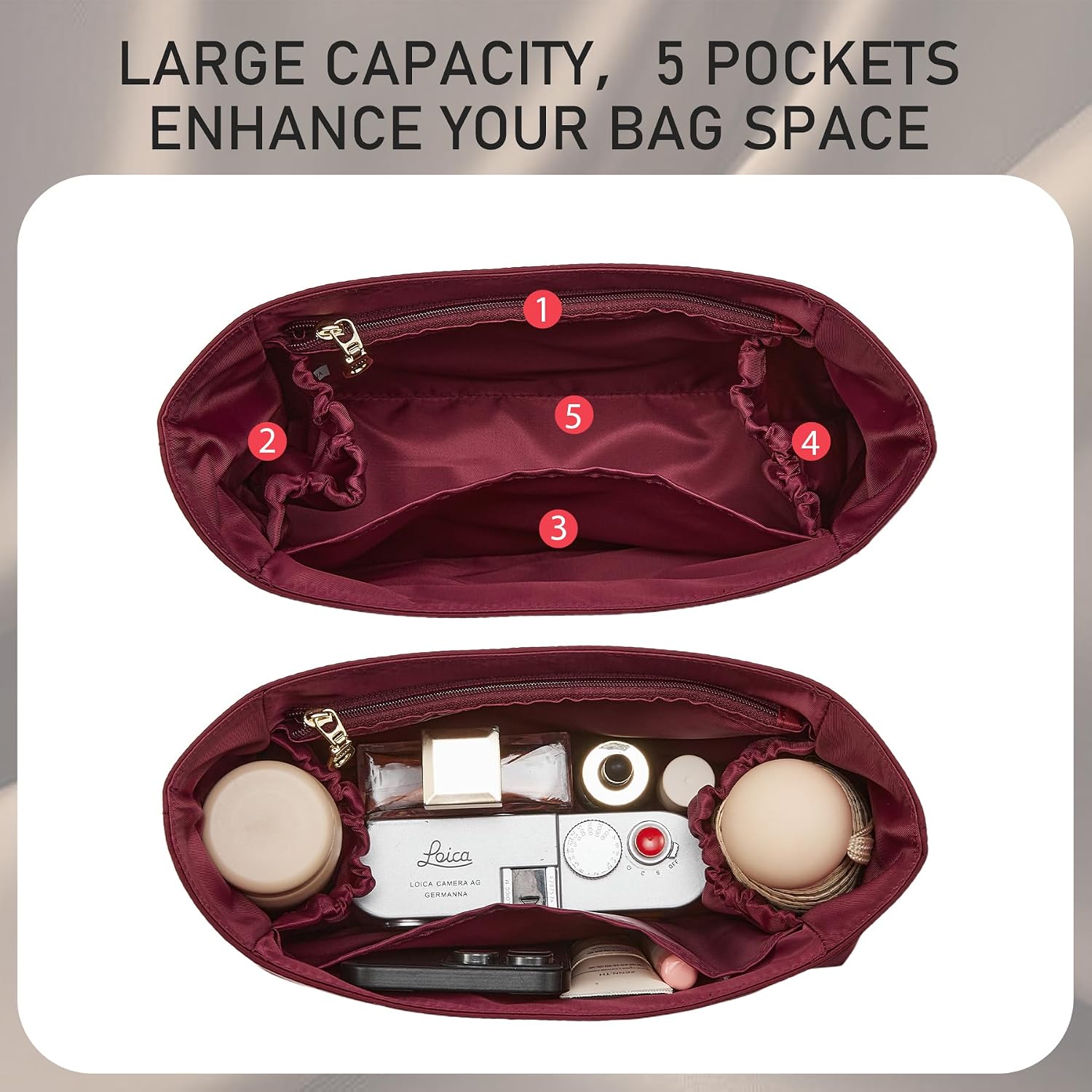 Doxo Brooklyn 28 Bag Insert, Custom-Fit Nylon Purse Organizer Insert for Coach Brooklyn 28 Shoulder Bag, Lightweight Waterproof Handbag Shaper with 5 Compartments Zipper Pocket Bottle Holders (Merlot)