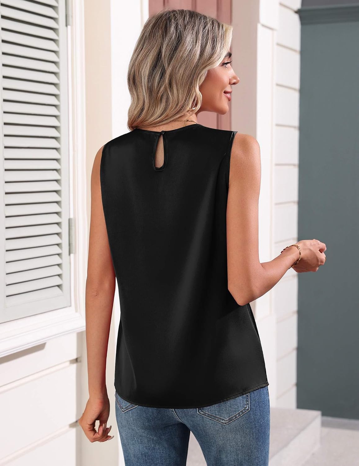 Zeagoo Womens Silk Satin Tank Tops Crew Neck Pleated Camisole Sleeveless Business Work Blouse Dressy Casual Summer Shirt - Image 2