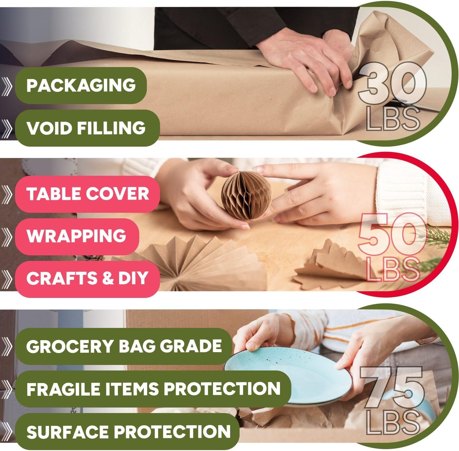 Paclord 18" x 8640" (720 feet) Natural Brown Kraft Paper Roll, 50 Lb Heavy-Duty – Made in USA Large Roll of Brown Wrapping Paper, 3-inch Core – for Packaging, Void Filling, Shipping, School, Crafts