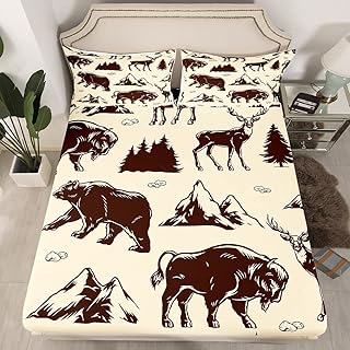 Castle Fairy Wildlife Animals Fitted Sheet Twin,Deer Bear American Bison Western Wild Animals Silhouette Sheet Set for Kids Children,Mountain and Trees Camping Bed Cover with 1 Pillowcase