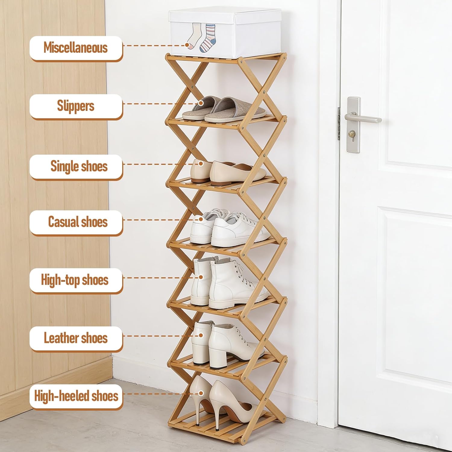 Tall Narrow Foldable Shoe Rack, 7 Tier No-Assembly Wooden Vertical Folding Shoe Storage Rack, Space-Saving Shoe Organizer Multifunctional Shelf for Entryways, Corridors, Bedrooms Corner