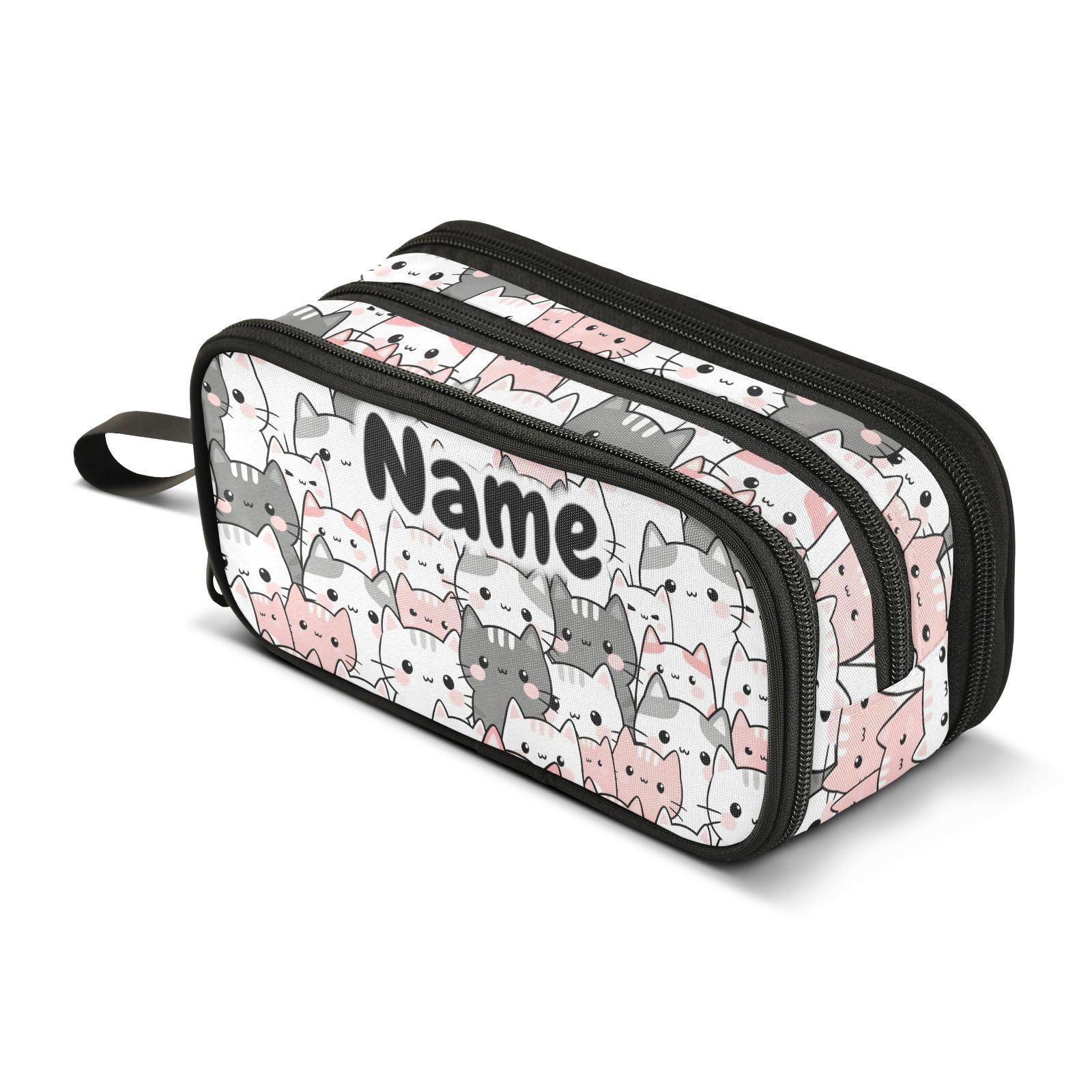 Mnsruu Custom Name Cute Cats Grey Pink Pencil Case Boys Girls Personalized Pen Bag School Office Stationery Organizer Pencil Pouch Holder Kids Teens Adults