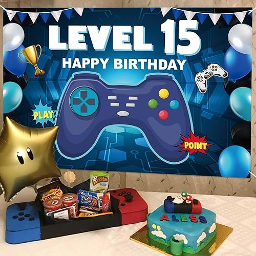Miniatura 6 de Pancarta de nivel 15 desbloqueada con texto en inglés Happy 15 Birthday Level Up Banner Saludos a los 15 años, decoración temática de videojuegos