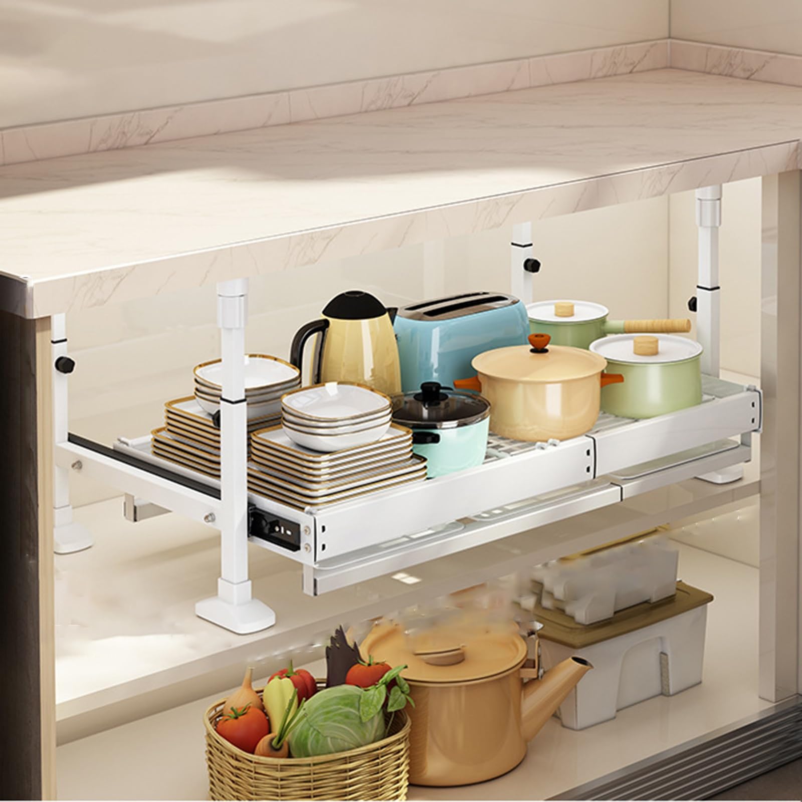 DFGHNBVC Adjustable Metal Spice Rack Under Sink Shelf Nizer With 3 Section Extension Rail Freestanding Storage Shelves For Kitchen Cabinet,W-L