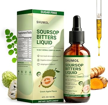 Soursop Bitters Liquid Drops, 10 in 1 Soursop Extract with Moringa, Turmeric, Black Seed, Oregano, Ashwagandha & Reishi | Digestive & Immune Support | Vegan, Sugar-Free | 4 Fl Oz Green Apple Flavor