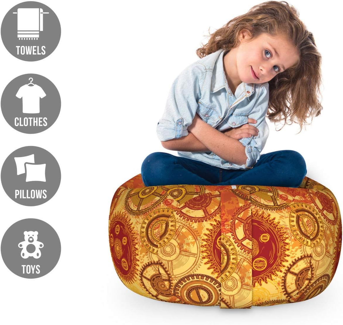 Ambesonne Steampunk Storage Toy Bag Chair, Vintage Pattern with Various Gears of Clockwork on Worn Out Style Background, Stuffed Animal Organizer Washable Bag, Small Size, Vermilion Yellow