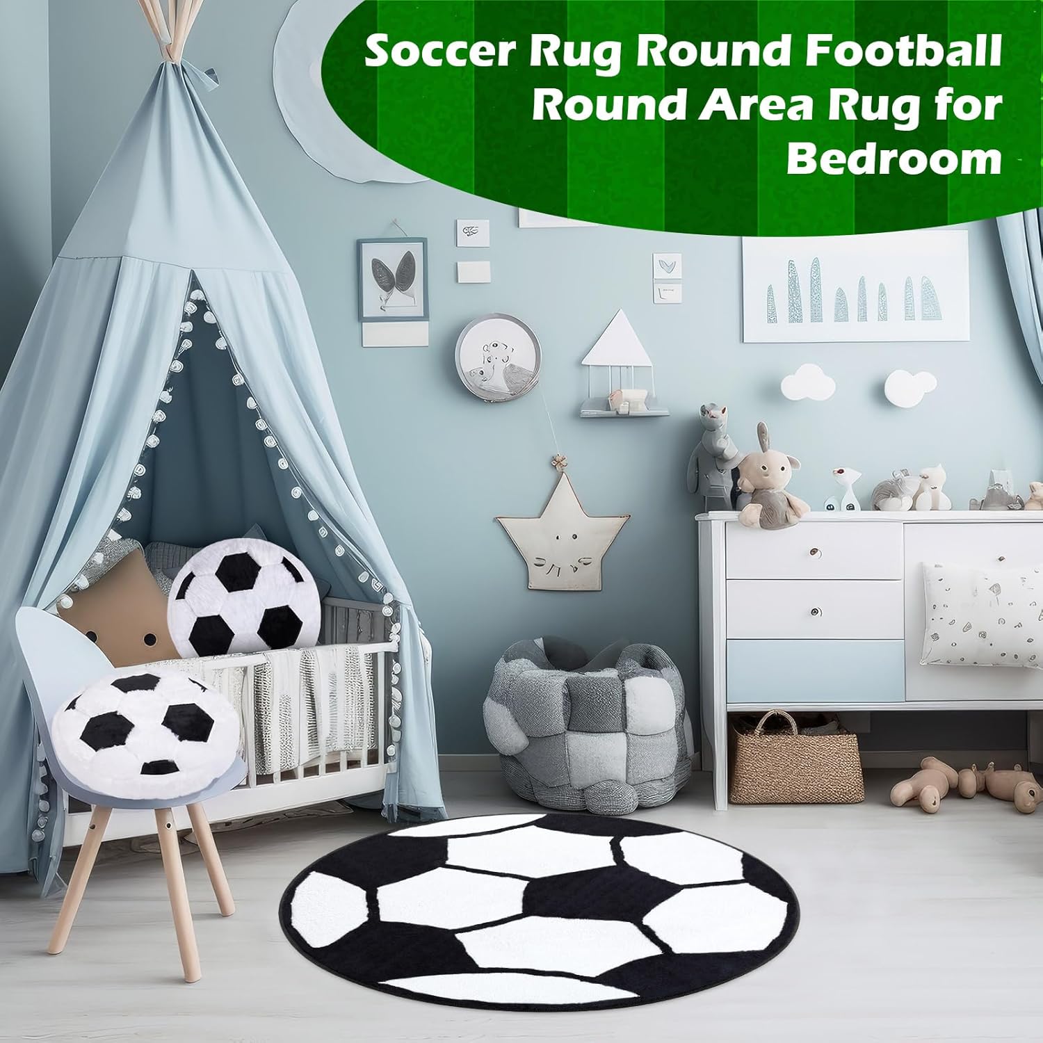 Nuanchu 3 Pcs Soccer Plush Pillows and Soccer Rug for Boys Room Decor Fluffy Soft Stuffed Sports Throw Pillows Round Mat Carpet Area Rug Sofa Cushion for Bedroom Decor