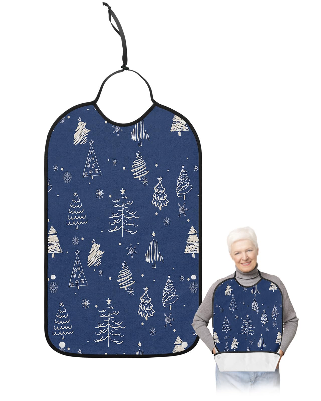 Christmas Tree Adult Bibs for Eating, Waterproof Bibs with Food Catcher & Adjustable Snap Closure, Xmas Tree Winter Snowflake Navy Blue Washable Clothing Protectors Adult Bibs for Elderly Women/Men
