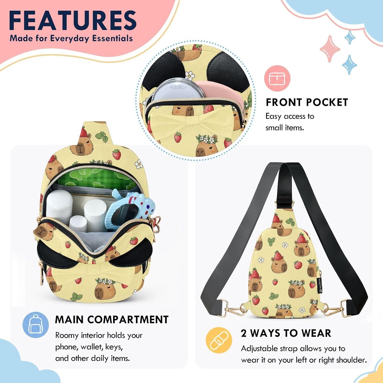Sinestour Capybara Kids Crossbody Bags for Girls, 3.1x5.7x7.5In | Crossbody Fanny Pack, Toddler Purse, Cute Sling Belt Bag with Ears, 2L Small Shoulder Chest Bag for Travel