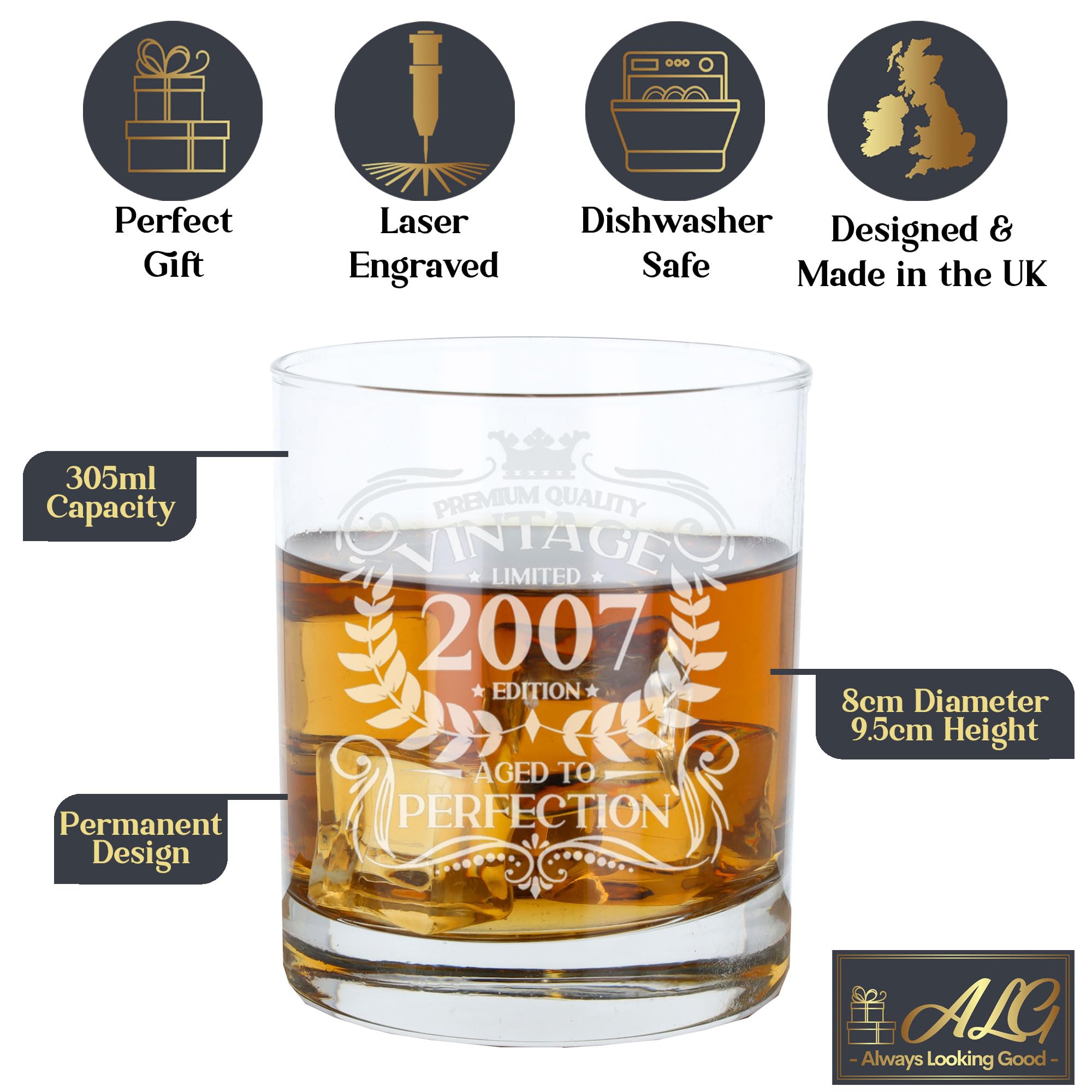 Always Looking Good Bicchiere da whisky con incisione "Aged to Perfection", regalo per il 19° compleanno da uomo, vintage 2007