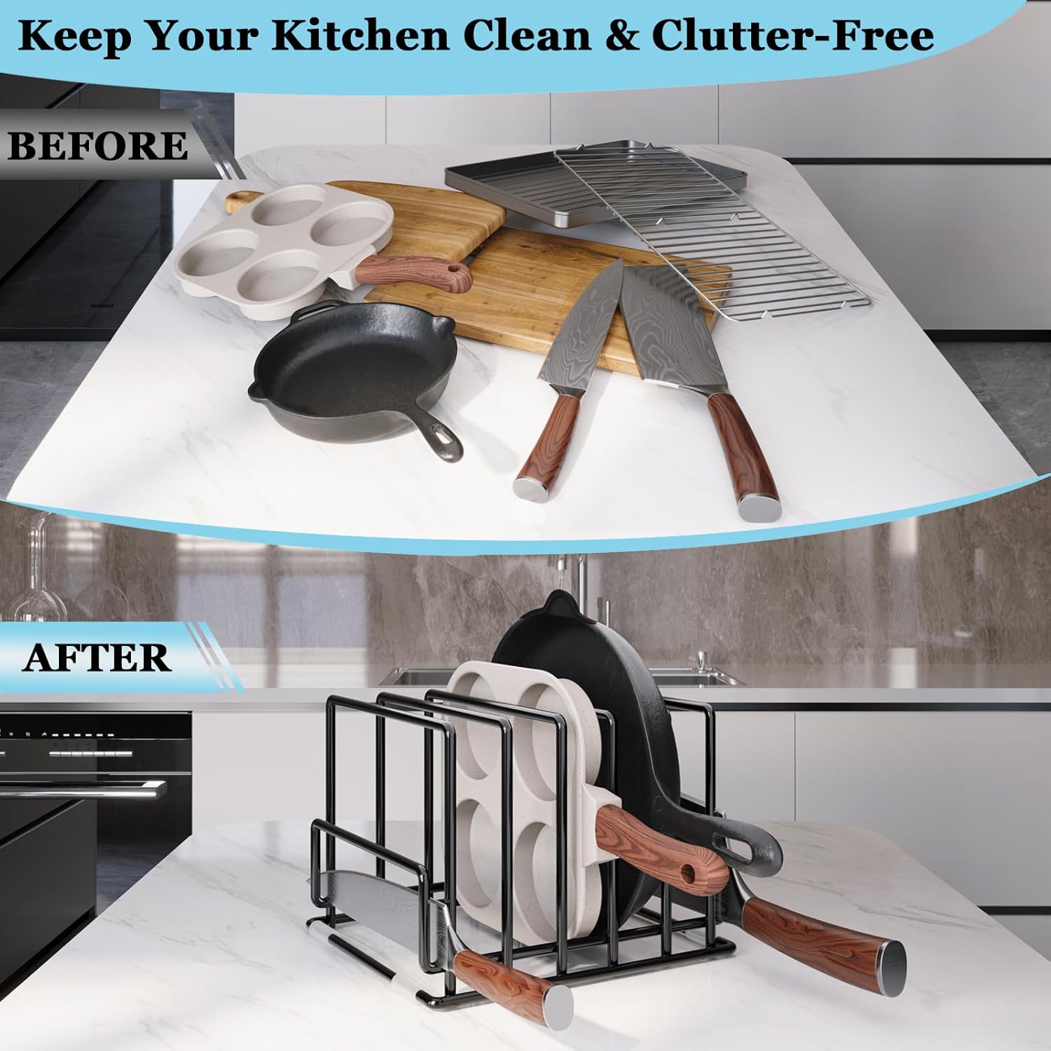 Cutting Board Organizer Rack with 7 Compartments, Heavy-Duty Iron Pan and Baking Sheet Organizer, Kitchen Cabinet Storage Rack with Non-Slip Base, Space-Saving Pot Lid Holder for Countertop & Pantry - Image 6