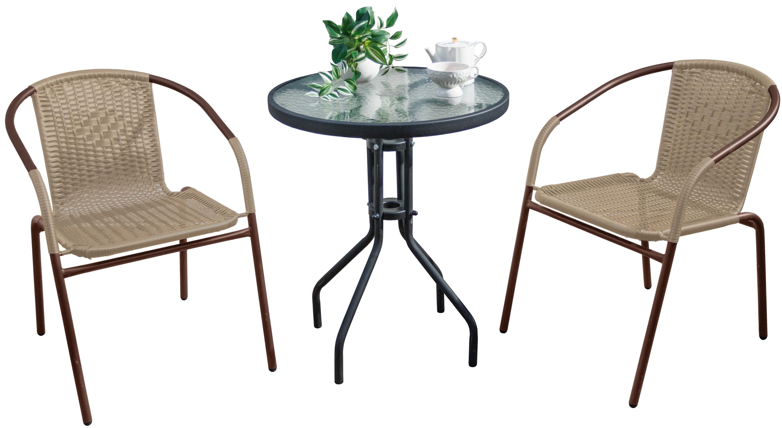 リビングアウト(Living Out) ラタン調ガーデンテーブルセットII 3点セット チェア2脚 スタッキング可能 ガラステーブル スタッキング可能 テラス ガーデンファニチャー カフェテーブル 新型 お手軽コーディネイト パウダーコーティング マット仕上げ スチール製フレーム 滑り止め付 ガラス天板 パラソル用ホール