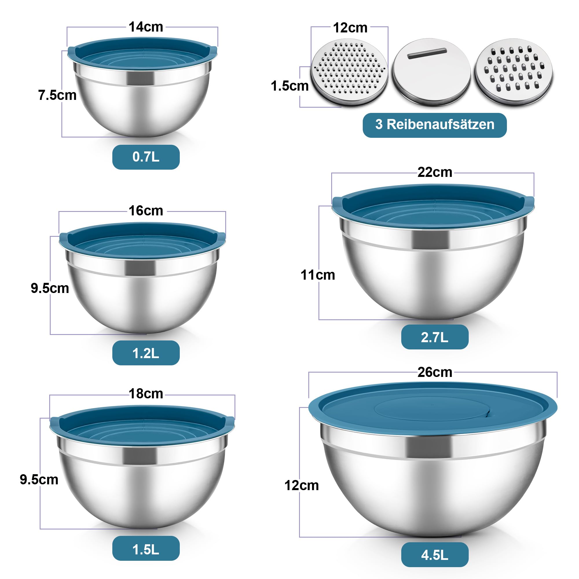 Herogo Set di 5 ciotole per mescolare, in acciaio inox, con coperchio ermetico, in metallo, con 3 grattugie, per preparare, cuocere, servire, mescolare, lavabile in lavastoviglie
