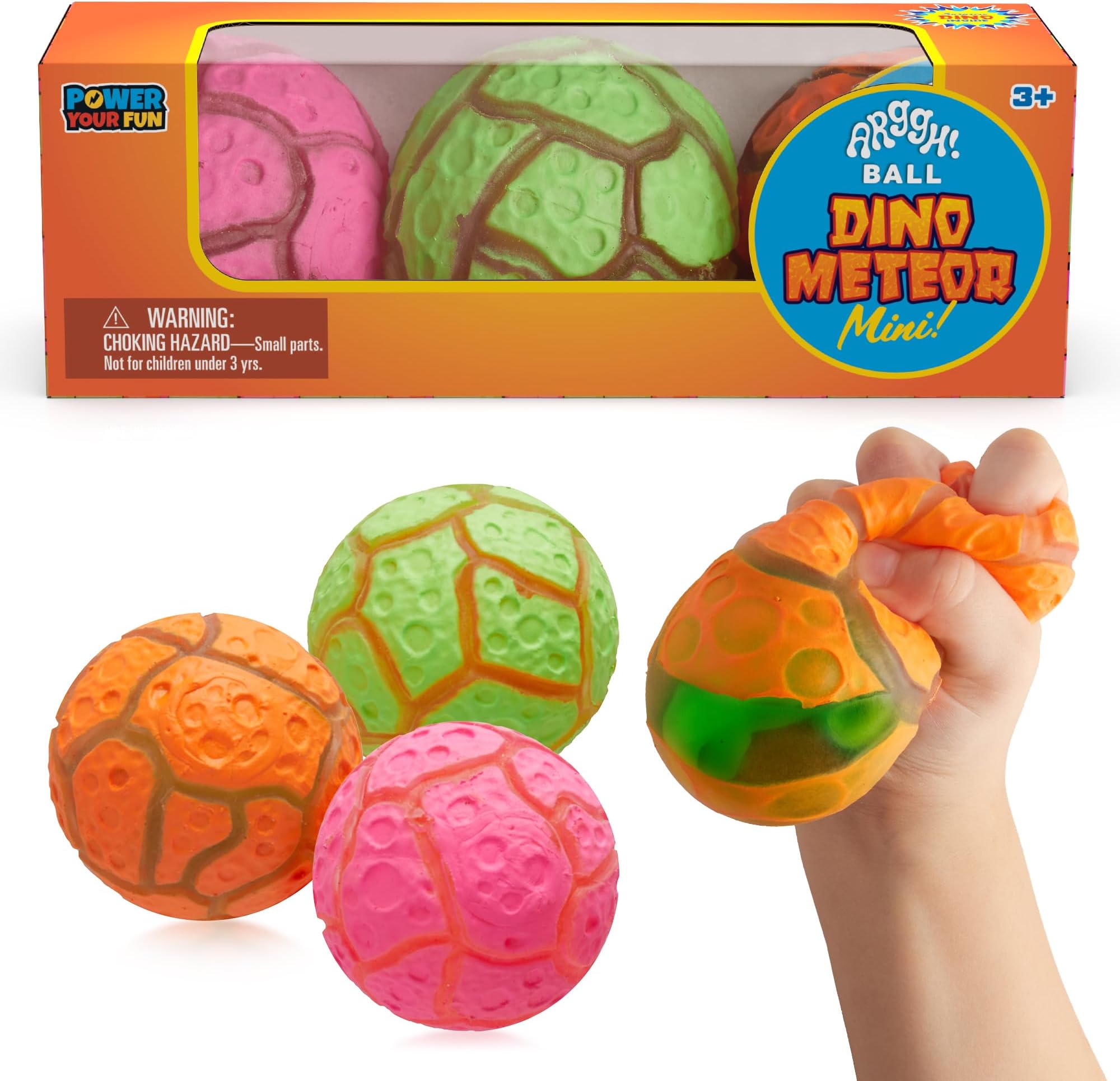 Power Your Fun Arggh Meteor Mini Stress Balls for Kids and Adults- 3pk Squishy Stress Balls Sensory Toys with Dinosaur, Squishy Ball Fidget Toys Anxiety Stress Relief Squeeze Toy (Pink, Orange, Green)